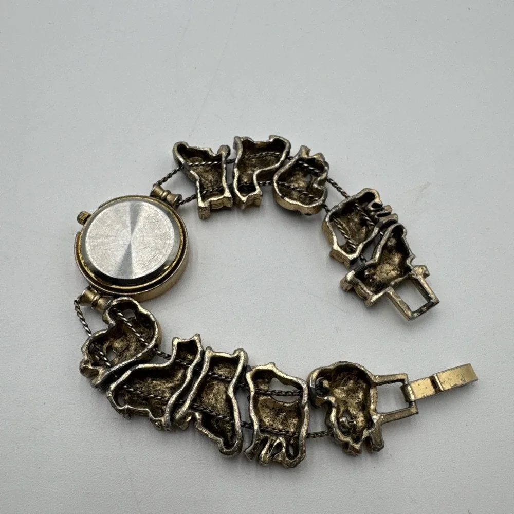 VTG Jennie B Enamel Cats Gold Tone Slide Charm Bracelet Wrist Watch Not Tested